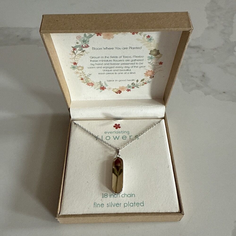 Seed & Sage Dried Flower Rose Necklace Fine Silver Plated NEW